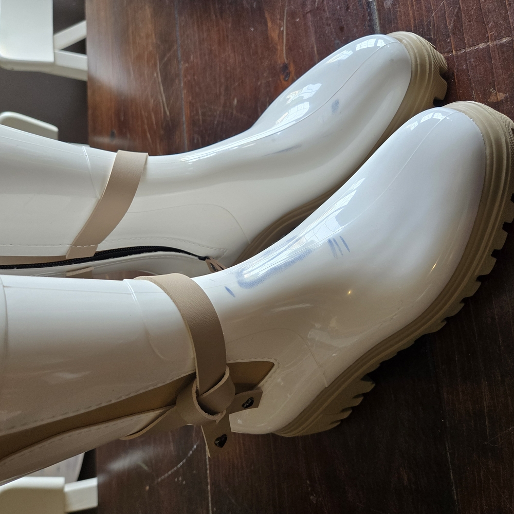 White and Tan Winter Rain Boots with Glossy Finish